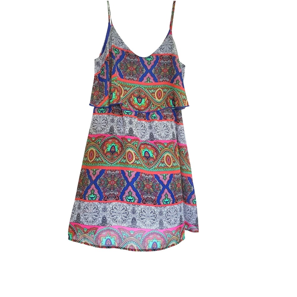 GB Womens Blue Multi Floral Paisley Tiered Spaghetti Strap Boho Mini Dress Large